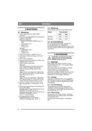 Page 66
SVENSKASV
3 MONTERING 
3.1 Montering1. Placera aggregatet på sin plats framför maskinen.
2. Kontrollera att aggregat fästena är monterade på 
maskinen enligt nedan.
XK4-serie, XM-serie:
• Bricka (3:D). Endast maskiner upp t.o.m. 
2006.
• Aggregatfäste (3:C).
• Bricka (3:B).
• Låsring (3:A).
XK-serie:
• Aggregatfäste (4:G).
• Bricka (4:F).
• Låspinne (4:E).
3. Skruva fast armarna i varandra. Se fig. 5.
4. Demontera remkåpan (6:H) genom att lossa  skruven 6:I. 
5. Ställ in högsta klipphöjd.
6. Lägg på...