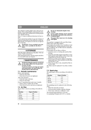 Page 4646
ENGLISHGB
The optimum working depth varies with soil con-
ditions. The working depth is determined by how 
hard the depth skid is pushed down during propul-
sion. Operate and test.
Drive 2-3 times in different directions for best re-
sults.
Never operate the machine in wet soil. Clumps of 
earth are created that are then difficult to break-up. 
Hard and dry soil requires an extra run, at right an-
gles to the first.
WARNING! Never overload a new ma-
chine. Drive carefully for the first 5 
hours.
6...