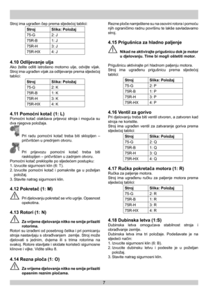 Page 77
Stroj ima ugrađen čep prema sljedećoj tablici:
Stroj Slika: Položaj
75-G 2: J
75R-B 1: J
75R-H 3: J
75R-HX 4: J
4.10 Odlijevanje ulja
Ako želite odliti istrošeno motorno ulje, odvijte vijak. 
Stroj ima ugrađen vijak za odlijevanje prema sljedećoj 
tablici:
Stroj Slika: Položaj
75-G 2: K
75R-B 1: K
75R-H 3: K
75R-HX 4: K
4.11 Pomoćni kotač (1: L)
Pomoćni kotač olakšava prijevoz stroja i moguća su 
dva njegova položaja.
  Pri radu pomoćni kotač treba biti sklopljen – 
pričvršćen u prednjem otvoru.
 Pri...