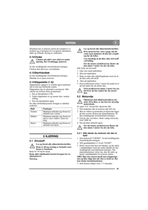 Page 2525
NORSK N
Slisseknivene er plassert ytterst på respektive ro-
toraksel og er beregnet for å avgrense arbeidsom-
rådet og forbedre styring av maskinen.
4.12 ChokeChoken må aldri være aktivert under 
kjøring. Det vil ødelegge motoren.
Se den medfølgende motorbruksanvisningen.
Choken skal aktiveres ved kaldstart.
4.13 Starthåndtak
Se den medfølgende motorbruksanvisningen.
Håndtak for å starte motoren.
4.14 Slippstøtte (1 G)Slippstøttens oppgave er å holde igjen maskinen 
slik at den kan bearbeide jorden....