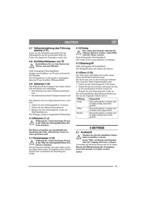 Page 3131
DEUTSCHDE
4.7 Höheneinstellung des Führung-
sholms (1:F)
Lösen Sie die Schrauben und stellen Sie den 
Führungsholm auf die gewünschte Höhe ein.
Ziehen Sie danach die Schrauben wieder fest.
4.8 Einfüllen/Ablassen von ÖlKontrollieren Sie vor dem Starten des 
Motors stets den Ölstand.
Siehe beiliegendes Motorhandbuch.
Stopfen zum Einfüllen von Öl und zur Kontrolle 
des Ölstands.
Um Öl abzulassen, ist das Gerät so anzukippen, 
dass das Öl aus derselben Öffnung abläuft.
4.9 Stützrad (1:H)Das Stützrad soll...