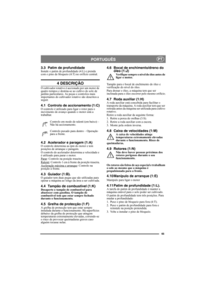 Page 6565
PORTUGUÊSPT
3.3 Patim de profundidadeInstale o patim de profundidade (4:L) e prenda 
com o pino de bloqueio (4:T) no orifício central.
4 DESCRIÇÃO
O cultivador rotativo é accionado por um motor de 
quatro tempos e destina-se ao cultivo do solo de 
jardins particulares. As peças e controlos mais 
importantes do cultivador rotativo são descritos a 
seguir.
4.1 Controlo de accionamento (1:C)O controlo é utilizado para ligar o rotor para o 
movimento de avanço quando o motor está a 
trabalhar.
Controlo em...