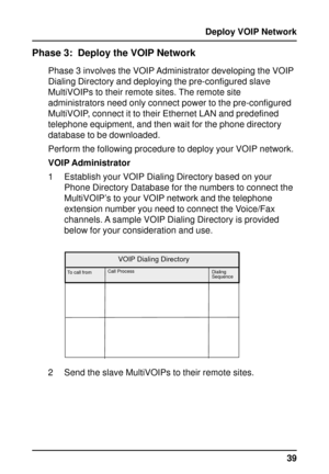 Page 3939 Deploy VOIP Network
Phase 3:  Deploy the VOIP Network
Phase 3 involves the VOIP Administrator developing the VOIP
Dialing Directory and deploying the pre-configured slave
MultiVOIPs to their remote sites. The remote site
administrators need only connect power to the pre-configured
MultiVOIP, connect it to their Ethernet LAN and predefined
telephone equipment, and then wait for the phone directory
database to be downloaded.
Perform the following procedure to deploy your VOIP network.
VOIP...