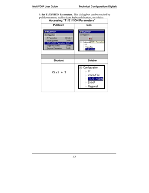 Page 113MultiVOIP User Guide Technical Configuration (Digital)
113
9. Set T1/E1/ISDN Parameters.  This dialog box can be reached by
pulldown menu, toolbar icon, keyboard shortcut, or sidebar.
Accessing “T1/E1/ISDN Parameters”
Pulldown Icon
Shortcut Sidebar
     Ctrl + T 