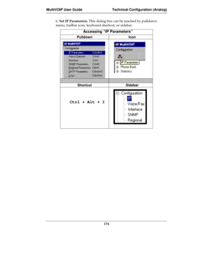 Page 174MultiVOIP User Guide Technical Configuration (Analog)
174
6. Set IP Parameters. This dialog box can be reached by pulldown
menu, toolbar icon, keyboard shortcut, or sidebar.
Accessing “IP Parameters”
Pulldown Icon
Shortcut Sidebar
   Ctrl + Alt + I 