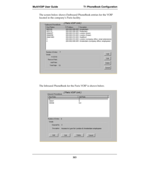 Page 303MultiVOIP User Guide T1 PhoneBook Configuration
303
The screen below shows Outbound PhoneBook entries for the VOIP
located in the company’s Paris facility.
The Inbound PhoneBook for the Paris VOIP is shown below. 