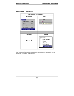 Page 339MultiVOIP User Guide Operation and Maintenance
339
About T1/E1 Statistics
Accessing T1 Statistics
Pulldown Icon
Shortcut Sidebar
     Alt + T
The T1 and E1 Statistics screens are only accessible and applicable for the
MVP2400, MVP2410, and MVP3010. 