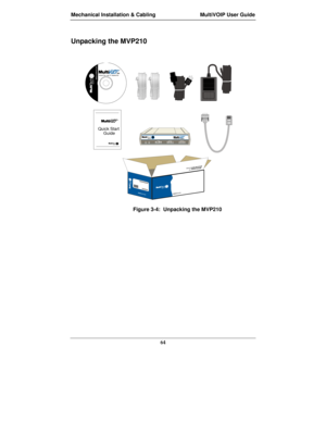 Page 64Mechanical Installation & Cabling MultiVOIP User Guide
64
Unpacking the MVP210
Voic e/Fax over IP Networks200
Quick Start
 Guide
Figure 3-4:  Unpacking the MVP210 