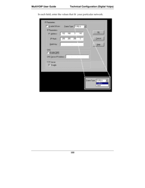 Page 100MultiVOIP User Guide Technical Configuration (Digital Voips)
100
In each field, enter the values that fit  your particular network. 