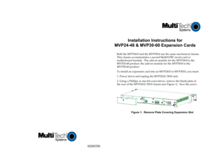 Page 182000350
Installation Instructions for
MVP24-48 & MVP30-60 Expansion Cards
Both the MVP2410 and the MVP3010 use the same mechanical chassis.
This chassis accommodates a second MultiVOIP circuit card or
motherboard module.  The add-on module for the MVP2410 is the
MVP24-48 product; the add-on module for the MVP3010 is the
MVP30-60 product.
To install an expansion card into an MVP2410 or MVP3010, you must:
1. Power down and unplug the MVP2410/3010 unit.
2. Using a Phillips or star-bit screwdriver, remove...