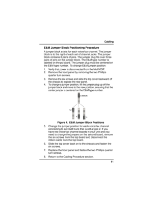 Page 1111 Cabling
E&M Jumper Block Positioning Procedure
A jumper block exists for each voice/fax channel. The jumper
block is to the right of each set of channel jacks. The jumper
block contains 8 pairs of pins. The jumper plug fits over three
pairs of pins on the jumper block. The E&M type number is
labeled on the pc board. The jumper plug must be centered on
the E&M type number.  To change E&M jumper position:
1. Verify that power is disconnected from the MultiVOIP.
2. Remove the front panel by removing the...