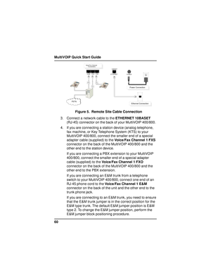 Page 60MultiVOIP Quick Start Guide
60
FXSE&M
FXO
PSTNEthernet Connection
Power Connection
10BASET
ETHERNET
POWER
Voice/Fax Channel
      Connections
E&MFXO
FXS
Figure 5.  Remote Site Cable Connection
3. Connect a network cable to the ETHERNET 10BASET
(RJ-45) connector on the back of your MultiVOIP 400/800.
4. If you are connecting a station device (analog telephone,
fax machine, or Key Telephone System (KTS) to your
MultiVOIP 400/800, connect the smaller end of a special
adapter cable (supplied) to the...