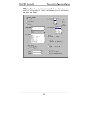 Page 115MultiVOIP User Guide Technical Configuration (Digital)
115
T1 Parameters.  The parameters applicable to T1 and their values are
shown in the figure below.  These T1 Parameter fields are described in
the tables that follow. 