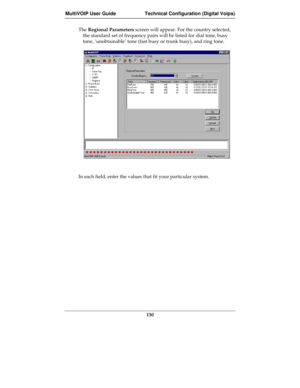 Page 130MultiVOIP User Guide Technical Configuration (Digital Voips)
130
The Regional Parameters screen will appear. For the country selected,
the standard set of frequency pairs will be listed for dial tone, busy
tone, ‘unobtainable’ tone (fast busy or trunk busy), and ring tone.
In each field, enter the values that fit your particular system. 