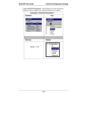 Page 178MultiVOIP User Guide Technical Configuration (Analog)
178
8. Set Voice/FAX Parameters.  This dialog box can be reached by
pulldown menu, toolbar icon, keyboard shortcut, or sidebar.
Accessing “Voice/FAX Parameters”
Pulldown Icon
Shortcut Sidebar
     Ctrl + H 