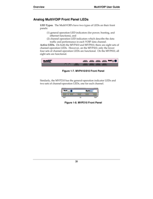 Page 20Overview MultiVOIP User Guide
20
Analog MultiVOIP Front Panel LEDs
LED Types.  The MultiVOIPs have two types of LEDs on their front
panels:
(1) general operation LED indicators (for power, booting, and
ethernet functions), and
(2) channel operation LED indicators which describe the data
traffic and performance in each VOIP data channel.
Active LEDs.  On both the MVP410 and MVP810, there are eight sets of
channel-operation LEDs.  However, on the MVP410, only the lower
four sets of channel-operation LEDs...