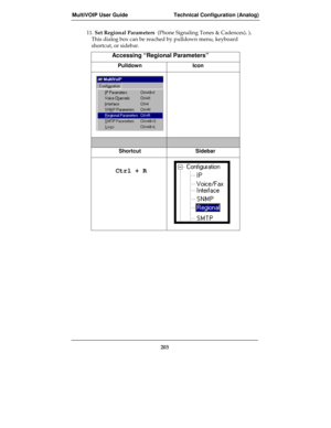 Page 203MultiVOIP User Guide Technical Configuration (Analog)
203
11. Set Regional Parameters  (Phone Signaling Tones & Cadences). ).
This dialog box can be reached by pulldown menu, keyboard
shortcut, or sidebar.
Accessing “Regional Parameters”
Pulldown Icon
Shortcut Sidebar
     Ctrl + R 