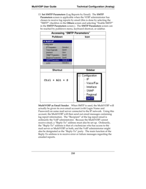 Page 210MultiVOIP User Guide Technical Configuration (Analog)
210
13. Set SMTP Parameters (Log Reports by Email).  The SMTP
Parameters screen is applicable when the VOIP administrator has
chosen to receive log reports by email (this is done by selecting the
“SMTP” checkbox in the Others screen and selecting “Enable SMTP”
in the SMTP Parameters screen.).  The SMTP Parameters screen can
be reached by pulldown menu, keyboard shortcut, or sidebar.
Accessing “SMTP Parameters”
Pulldown Icon
Shortcut Sidebar
 Ctrl +...