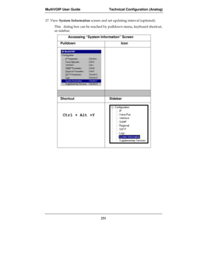 Page 231MultiVOIP User Guide Technical Configuration (Analog)
231
17. View System Information screen and set updating interval (optional).
This   dialog box can be reached by pulldown menu, keyboard shortcut,
or sidebar.
Accessing “System Information” Screen
Pulldown Icon
Shortcut Sidebar
 Ctrl + Alt +Y 