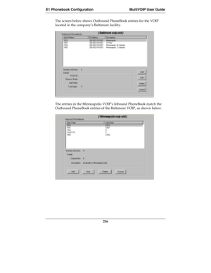 Page 256E1 Phonebook Configuration MultiVOIP User Guide
256
The screen below shows Outbound PhoneBook entries for the VOIP
located in the company’s Baltimore facility.
The entries in the Minneapolis VOIP’s Inbound PhoneBook match the
Outbound PhoneBook entries of the Baltimore VOIP, as shown below. 