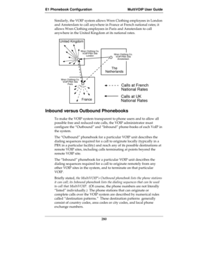 Page 280E1 Phonebook Configuration MultiVOIP User Guide
280
Similarly, the VOIP system allows Wren Clothing employees in London
and Amsterdam to call anywhere in France at French national rates; it
allows Wren Clothing employees in Paris and Amsterdam to call
anywhere in the United Kingdom at its national rates.
France
The
Netherlands

Wren Clothing Co.
VOIP/PBX Site
London

Wren Clothing Co.
VOIP/PBX Site
Amsterdam
Wren Clothing Co.
VOIP/PBX Site
Paris
United Kingdom
Calls at French
National Rates
Calls at...