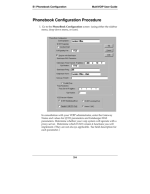 Page 284E1 Phonebook Configuration MultiVOIP User Guide
284
Phonebook Configuration Procedure
1.  Go to the PhoneBook Configuration screen  (using either the sidebar
menu, drop-down menu, or icon).
In consultation with your VOIP administrator, enter the Gateway
Name and values for Q.931 parameters and Gatekeeper RAS
parameters. Determine whether your voip system will operate with a
proxy server.  Determine which H.323 version 4 functions you will
implement. (They are not always applicable.  See field description...