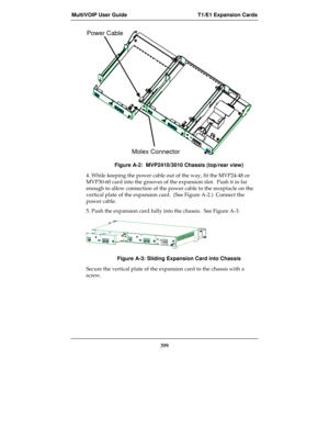 Page 399MultiVOIP User Guide T1/E1 Expansion Cards
399
Power Cable
Molex Connector
Figure A-2:  MVP2410/3010 Chassis (top/rear view)
4. While keeping the power cable out of the way, fit the MVP24-48 or
MVP30-60 card into the grooves of the expansion slot.  Push it in far
enough to allow connection of the power cable to the receptacle on the
vertical plate of the expansion card.  (See Figure A-2.)  Connect the
power cable.
5. Push the expansion card fully into the chassis.  See Figure A-3.
Figure A-3: Sliding...