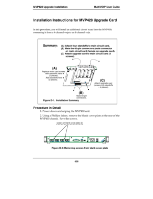 Page 408MVP428 Upgrade Installation MultiVOIP User Guide
408
Installation Instructions for MVP428 Upgrade Card
In this procedure, you will install an additional circuit board into the MVP410,
converting it from a 4-channel voip to an 8-channel voip.
Procedure in Detail
1. Power down and unplug the MVP410 unit.
2. Using a Phillips driver, remove the blank cover plate at the rear of the
MVP410 chassis.  Save the screws.
screws on blank  cover plate  (2)
Figure D-2: Removing screws from blank cover plate
Summary:...