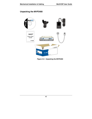 Page 62Mechanical Installation & Cabling MultiVOIP User Guide
62
Unpacking the MVP2400
Voic e/Fax over IP Networks200
Quick Start
Guide
Figure 3-2:  Unpacking the MVP2400 