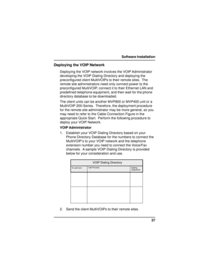 Page 3737 Software Installation
Deploying the VOIP Network
Deploying the VOIP network involves the VOIP Administrator
developing the VOIP Dialing Directory and deploying the
preconfigured client MultiVOIPs to their remote sites.  The
remote site administrators need only connect power to the
preconfigured MultiVOIP, connect it to their Ethernet LAN and
predefined telephone equipment, and then wait for the phone
directory database to be downloaded.
The client units can be another MVP800 or MVP400 unit or a...