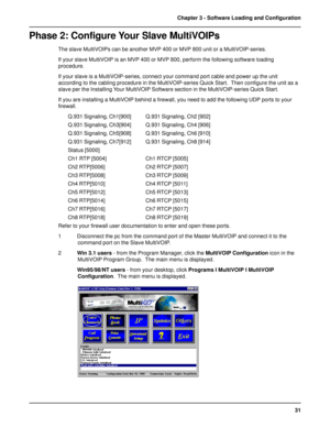 Page 3131 Chapter 3 - Software Loading and Configuration
Phase 2: Configure Your Slave MultiVOIPs
The slave MultiVOIPs can be another MVP 400 or MVP 800 unit or a MultiVOIP-series.
If your slave MultiVOIP is an MVP 400 or MVP 800, perform the following software loading
procedure.
If your slave is a MultiVOIP-series, connect your command port cable and power up the unit
according to the cabling procedure in the MultiVOIP-series Quick Start.  Then configure the unit as a
slave per the Installing Your MultiVOIP...