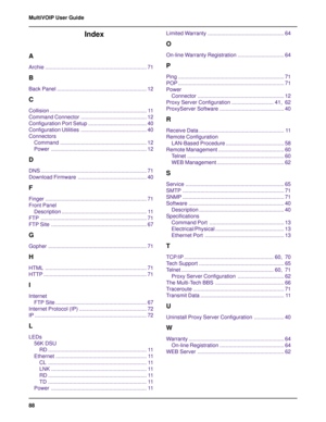 Page 8888 MultiVOIP User Guide
Index
A
Archie .................................................................... 71
B
Back Panel ............................................................ 12
C
Collision ................................................................. 11
Command Connector ............................................ 12
Configuration Port Setup ....................................... 40
Configuration Utilities ............................................ 40
Connectors
Command...