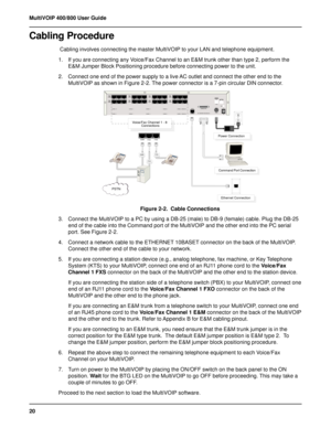 Page 2020 MultiVOIP 400/800 User Guide
Cabling Procedure
 Cabling involves connecting the master MultiVOIP to your LAN and telephone equipment.
1. If you are connecting any Voice/Fax Channel to an E&M trunk other than type 2, perform the
E&M Jumper Block Positioning procedure before connecting power to the unit.
2. Connect one end of the power supply to a live AC outlet and connect the other end to the
MultiVOIP as shown in Figure 2-2. The power connector is a 7-pin circular DIN connector.
 +,	 +, +,...