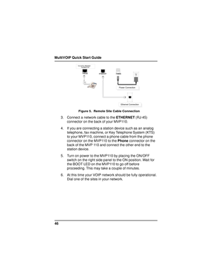 Page 46MultiVOIP Quick Start Guide
46







   	
  !	#
      

Figure 5.  Remote Site Cable Connection
3. Connect a network cable to the ETHERNET (RJ-45)
connector on the back of your MVP110.
4. If you are connecting a station device such as an analog
telephone, fax machine, or Key Telephone System (KTS)
to your MVP110, connect a phone cable from the phone
connector on the MVP110 to the Phone connector on the
back of the MVP 110 and...