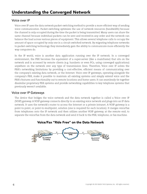 Page 8Copyright © 2003 Multi-Tech Systems, Inc.  All rights reserved.6
Understanding the Converged Network
Voice over IP
Voice over IP uses the data network packet-switching method to provide a more effi cient way of sending 
voice  communication.  Packet-switching  optimizes  the  use  of  network  resources  (bandwidth)  because 
the channel is only occupied during the time the packet is being transmitted. Many users can share the 
same  channel  because  individual  packets  can  be  sent  and  received  in...