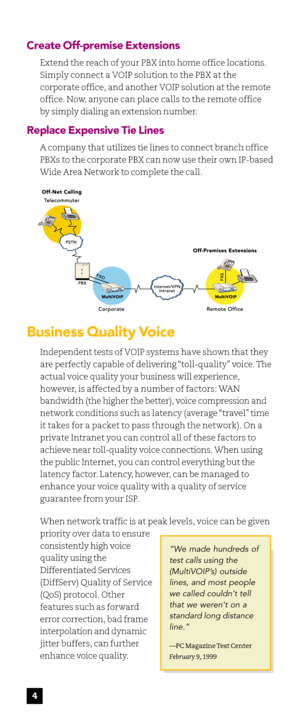Page 64
Create Off-premise Extensions
Extend the reach of your PBX into home office locations.
Simply connect a VOIP solution to the PBX at the
corporate office, and another VOIP solution at the remote
office. Now, anyone can place calls to the remote office
by simply dialing an extension number.
Replace Expensive Tie Lines
A company that utilizes tie lines to connect branch office
PBXs to the corporate PBX can now use their own IP-based
Wide Area Network to complete the call.
Business Quality Voice...