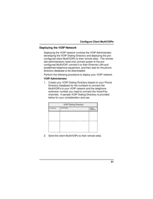 Page 3131 Configure Client MultiVOIPs
Deploying the VOIP Network
Deploying the VOIP network involves the VOIP Administrator
developing the VOIP Dialing Directory and deploying the pre-
configured client MultiVOIPs to their remote sites.  The remote
site administrators need only connect power to the pre-
configured MultiVOIP, connect it to their Ethernet LAN and
predefined telephone equipment, and then wait for the phone
directory database to be downloaded.
Perform the following procedure to deploy your VOIP...