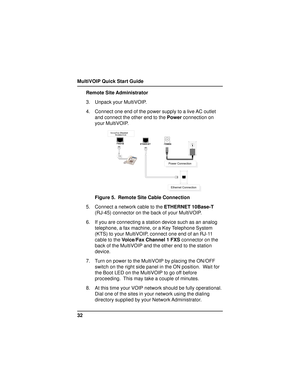 Page 32MultiVOIP Quick Start Guide
32Remote Site Administrator
3. Unpack your MultiVOIP.
4. Connect one end of the power supply to a live AC outlet
and connect the other end to the Power connection on
your MultiVOIP.







   	
  !	#
      

Figure 5.  Remote Site Cable Connection
5. Connect a network cable to the ETHERNET 10Base-T
(RJ-45) connector on the back of your MultiVOIP.
6. If you are connecting a station device such as an...