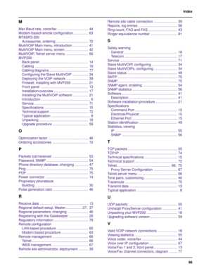 Page 9696 Index
M
Max Baud rate, voice/fax ................................ 44
Modem-based remote configuration ............... 63
MTASR3-200
Accessories, ordering ................................. 72
MultiVOIP Main menu, introduction ................ 41
MultiVOIP Main menu, screen ........................ 42
MultiVOIP, Telnet server menu ....................... 66
MVP200
Back panel .................................................. 14
Cabling ....................................................... 19
Cabling...