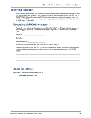 Page 7878 Chapter 9 - Warranty, Service, and Technical Support
Multi-Tech Systems, Inc. MultiVOIP User Guide
Technical Support
Multi-Tech has an excellent staff of technical support personnel available to help you get the most
out of your Multi-Tech product. If you have any questions about the operation of this unit, call 1-
800-972-2439. Please fill out the MVP120 information (below), and have it available when you
call. If your MVP120 requires service, the tech support specialist will guide you on how to send...