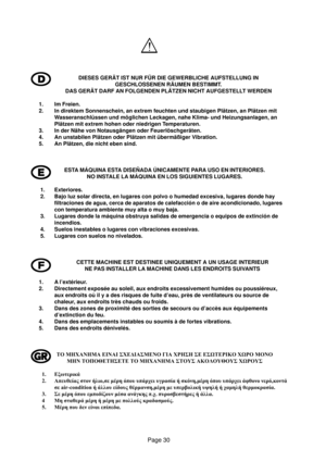Page 30Page 30
DIESES GERÄT IST NUR FÜR DIE GEWERBLICHE AUFSTELLUNG IN
GESCHLOSSENEN RÄUMEN BESTIMMT.
DAS GERÄT DARF AN FOLGENDEN PLÄTZEN NICHT AUFGESTELLT WERDEN
1. Im Freien.
2. In direktem Sonnenschein, an extrem feuchten und staubigen Plätzen, an Plätzen mit
Wasseranschlüssen und möglichen Leckagen, nahe Klima- und Heizungsanlagen, an
Plätzen mit extrem hohen oder niedrigen Temperaturen.
3. In der Nähe von Notausgängen oder Feuerlöschgeräten.
4. An unstabilen Plätzen oder Plätzen mit übermäßiger Vibration....