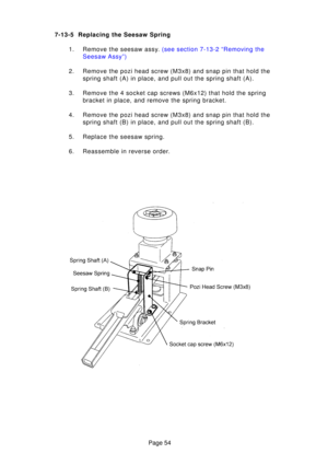Page 54Page 54
7-13-5 Replacing the Seesaw Spring
1. Remove the seesaw ass y.  (see section 7-13-2 “Removing the
Seesaw Assy”)
2. Remove the pozi head screw (M3x8) and snap pin that hold the spring shaft (A) in place, and pull out the spring shaft (A).
3. Remove the 4 socket cap screws (M6x12) that hold the spring bracket in place, and remove the spring bracket.
4. Remove the pozi head screw (M3x8) and snap pin that hold the spring shaft (B) in place, and pull out the spring shaft (B).
5. Replace the seesaw...