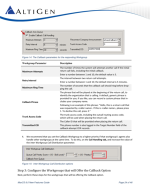 Page 24 
MaxCS 8.0 New Features Guide  Page 24 of 46 
 
 
Figure 14: The Callback parameters for the responding Workgroup 
Workgroup Parameter Description 
Maximum Attempts 
The number of times the system will attempt another call if the initial 
return call fails, including the initial callback. 
Enter a number between 1 and 10; the default value is 3. 
Retry Interval The interval between two return call attempts. 
Enter a number between 1 and 10; the default interval is 5 minutes. 
Maximum Ring Time The...