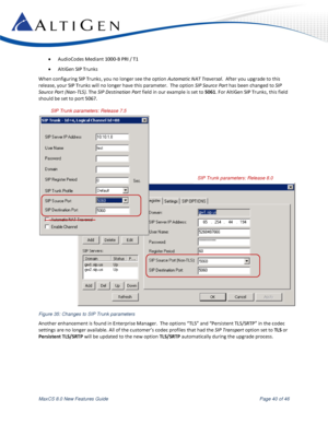 Page 40 
MaxCS 8.0 New Features Guide  Page 40 of 46 
 AudioCodes Mediant 1000-B PRI / T1 
 AltiGen SIP Trunks 
When configuring SIP Trunks, you no longer see the option Automatic NAT Traversal.  After you upgrade to this 
release, your SIP Trunks will no longer have this parameter.  The option SIP Source Port has been changed to SIP 
Source Port (Non-TLS). The SIP Destination Port field in our example is set to 5061. For AltiGen SIP Trunks, this field 
should be set to port 5067. 
 
Figure 35: Changes to SIP...