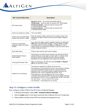 Page 31 
MAXCS 8.0 All-Software Solution Deployment Guide  Page 31 of 39 
SIP Trunk Profile Field Description 
SIP Protocol Field 
Not Sent (default) – Do not send transmitted caller ID 
FROM Header – Send the caller ID using the SIP FROM header 
P-Preferred Identity – Send the caller ID using the SIP  
P-Preferred Identity header 
P-Asserted Identity – Send the caller ID using the SIP  
P-Asserted Identity header 
Carrier can accept any number This is the default. 
Carrier can only accept Calling 
Number with...