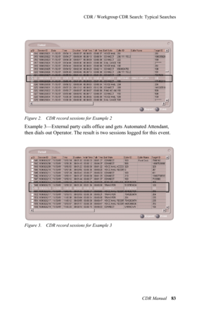 Page 89CDR / Workgroup CDR Search: Typical Searches
CDR Manual 83
Figure 2. CDR record sessions for Example 2
Example 3—External party calls office and gets Automated Attendant, 
then dials out Operator. The result is two sessions logged for this event.
Figure 3. CDR record sessions for Example 3 