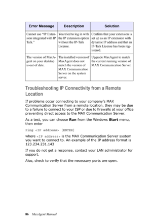 Page 9286MaxAgent Manual
Troubleshooting IP Connectivity from a Remote 
Location
If problems occur connecting to your company’s MAX 
Communication Server from a remote location, they may be due 
to a failure to connect to your ISP or due to firewalls at your office 
preventing direct access to the MAX Communication Server. 
As a test, you can choose Run from the Windows Start menu, 
then enter 
Ping  [ENTER]
where  is the MAX Communication Server system 
you want to connect to. An example of the IP address...