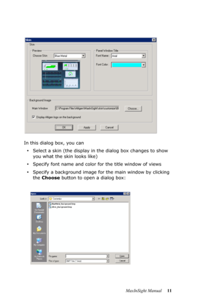 Page 15MaxInSight Manual 11 In this dialog box, you can 
•Select a skin (the display in the dialog box changes to show 
you what the skin looks like)
•Specify font name and color for the title window of views
•Specify a background image for the main window by clicking 
the Choose button to open a dialog box: 