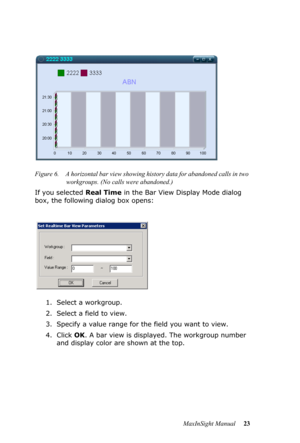 Page 27MaxInSight Manual 23 Figure 6. A horizontal bar view showing history data for abandoned calls in two 
workgroups. (No calls were abandoned.)
If you selected Real Time in the Bar View Display Mode dialog 
box, the following dialog box opens:
1. Select a workgroup.
2. Select a field to view.
3. Specify a value range for the field you want to view.
4. Click OK. A bar view is displayed. The workgroup number 
and display color are shown at the top. 