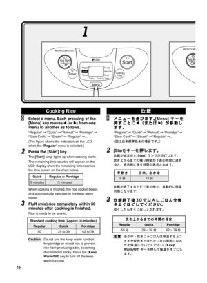 Page 19Cooking Rice
Select a menu. Each pressing of the
[Menu] key moves 
1 11 1
1 (or 
2 22 2
2) from one
menu to another as follows.
“Regular”“Quick”“Reheat”“Porridge”
“Slow Cook”“Steam”“Regular”KKK
(The figure shows the indication on the LCD
when the “Regular” menu is selected.)
Press the [Start] key.
The [Start] lamp lights up when cooking starts.
The remaining time counter will appear on the
LCD display when the remaining time reaches
the time shown on the chart below.
When cooking is finished, the...